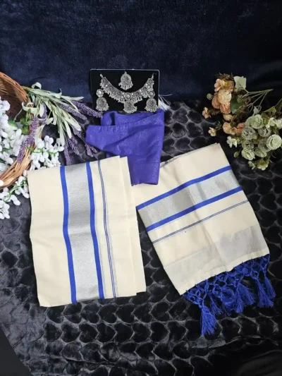 Elegant Kerala Set Mundu with Royal Blue Border and Silver Zari – Traditional Design