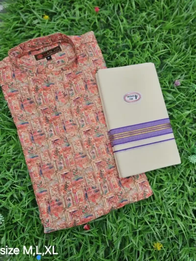 Festival-Ready Kerala Shirt – Multicolor Print, Mandarin Neck, MESSA 4 Series