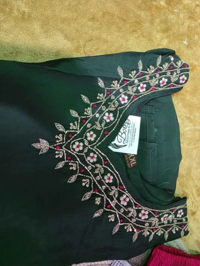 Bottle Green & Pink Combo Suit Set – Beads Work Neck with Floral Pink Dupatta XXL