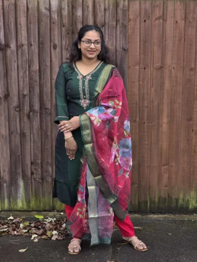 Bottle Green & Pink Combo Suit Set – Beads Work Neck + Floral Pink Dupatta