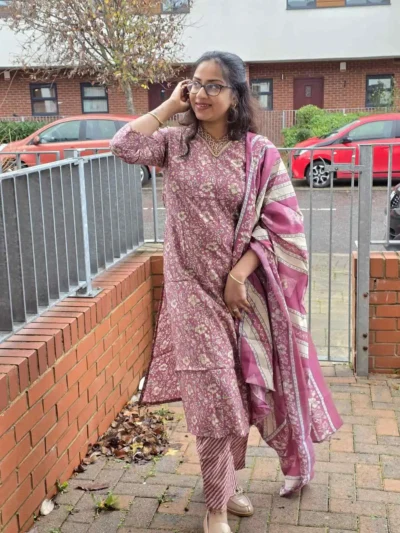 Onion Pink Suit Set – Floral Work & Sugar-Bead Neck Embroidery