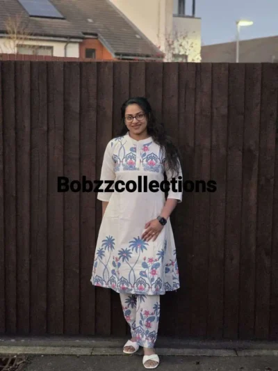 White Floral Printed Kurti & Pant Set – Elegant Winter & Christmas Casual Wear
