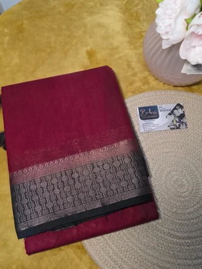 Elegant Maroon Soft Silk Saree with Black & Silver Zari Border