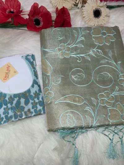 Designer Net Kota Floral Applique Work Saree with Metallic Blue Colour Blouse